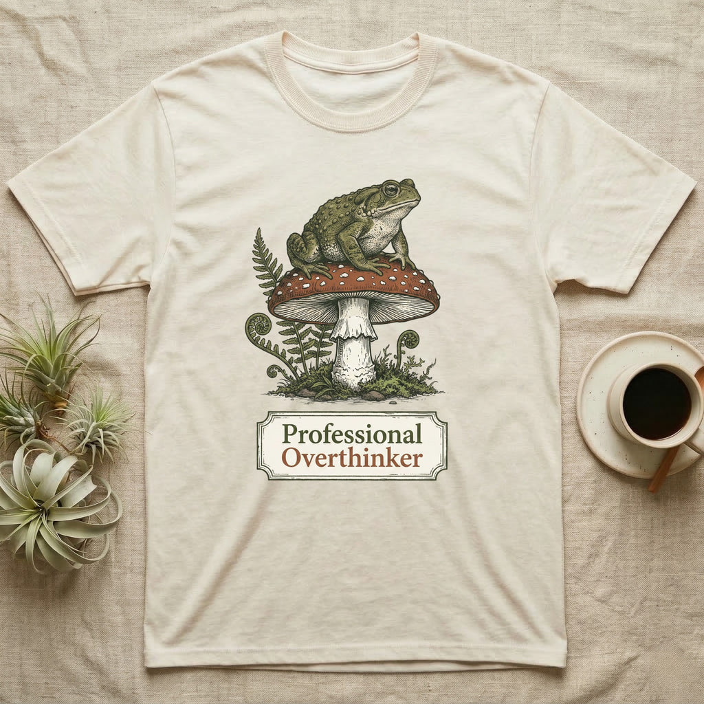 Cream t-shirt with frog on mushroom design, text "Professional Overthinker".