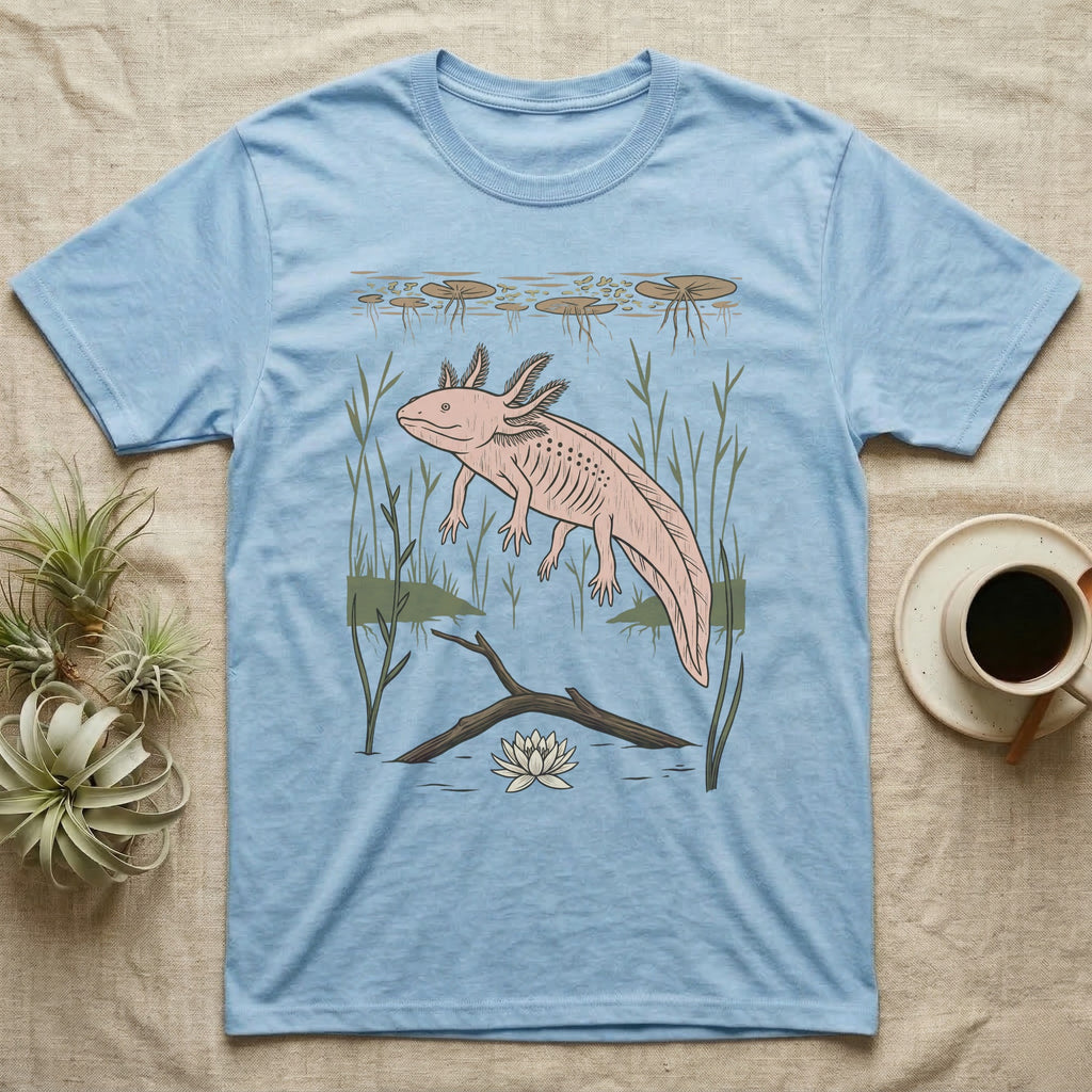 Axolotl Home Range T-Shirt in Light Blue — Woodcut-style illustration of an axolotl drifting among reeds and lily pads in a Xochimilco canal, no on-shirt text.