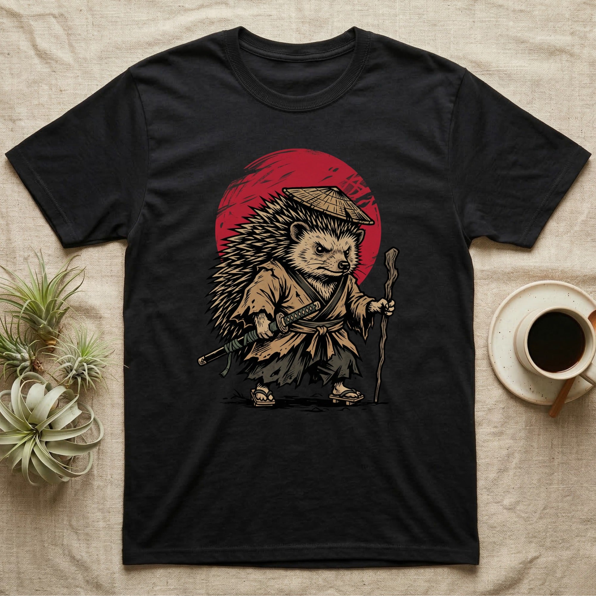 Samurai hedgehog warrior with sword and staff, against a red sun.