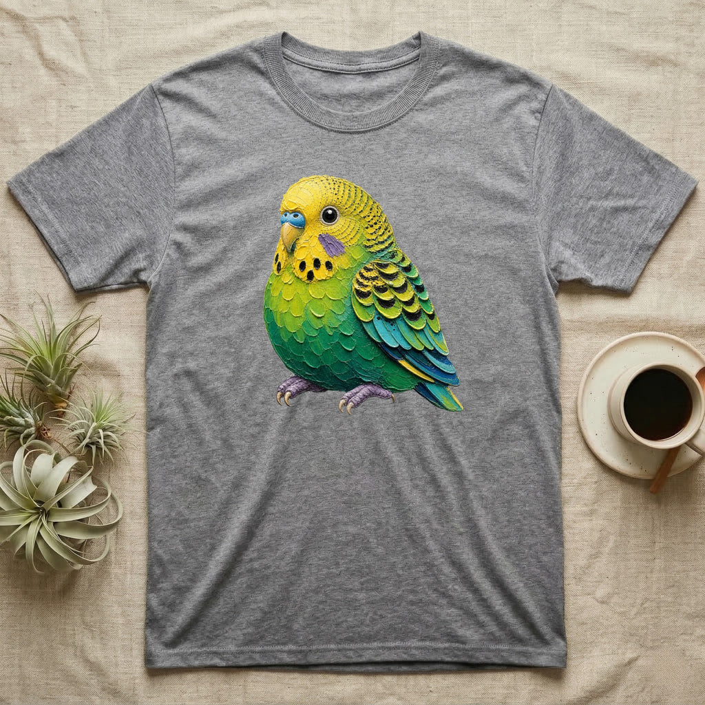 Grey t-shirt featuring a colorful, cartoonish budgie design with green, yellow, and blue feathers.
