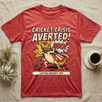 Bearded Dragon Superhero T-Shirt in Heather Red — Retro comic bearded dragon superhero in a flag cape with a 250 blast and text Cricket Crisis Averted, Captain Beardy.