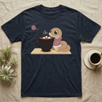 Hognose Snake Knitted Sweater T-Shirt in Navy — Soft-painted illustration of a hognose snake in a knitted jumper resting beside a mug of cocoa with marshmallows.