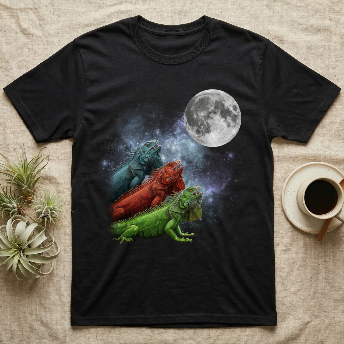 Green Iguana Moon Howl T-Shirt in Black — Three Green Iguana colour morphs howling at a full moon over a nebula on a dark grey t-shirt.
