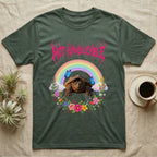 Snapping Turtle Hatchling T-Shirt in Military Green — Cute baby snapping turtle in a pastel rainbow and flower wreath under a hot pink metal logo reading NOT HANDLEABLE