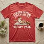 Fat-Tailed Gecko Snacking T-Shirt in Heather Red — Engraved fat-tailed gecko lounging on a stone with mealworms under Stress Eating Goes Straight To My Tail
