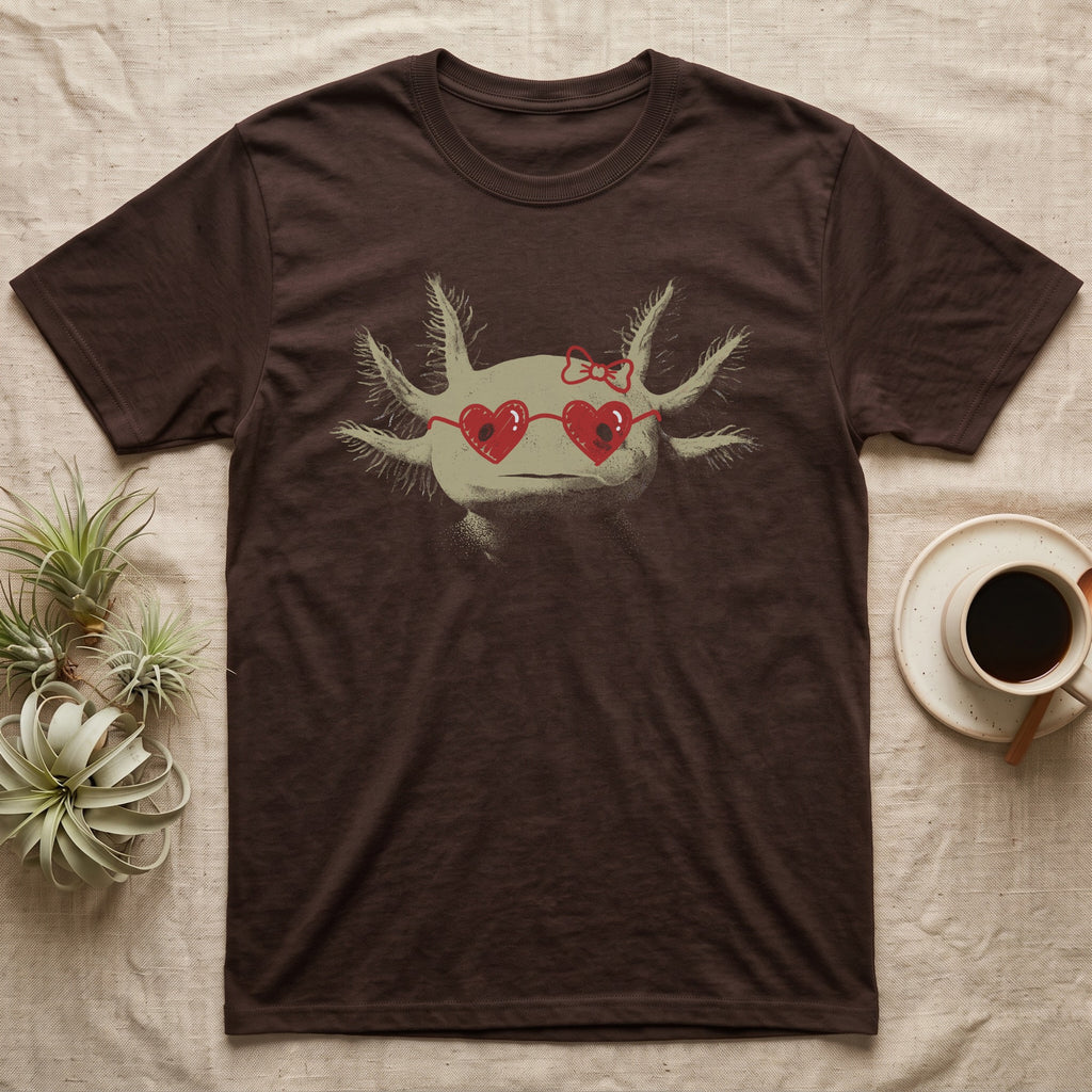 Axolotl Heart Glasses T-Shirt in Dark Chocolate — An axolotl's face with red marker heart-shaped sunglasses and a bow drawn on the glass.