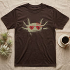 Axolotl Heart Glasses T-Shirt in Dark Chocolate — An axolotl's face with red marker heart-shaped sunglasses and a bow drawn on the glass.