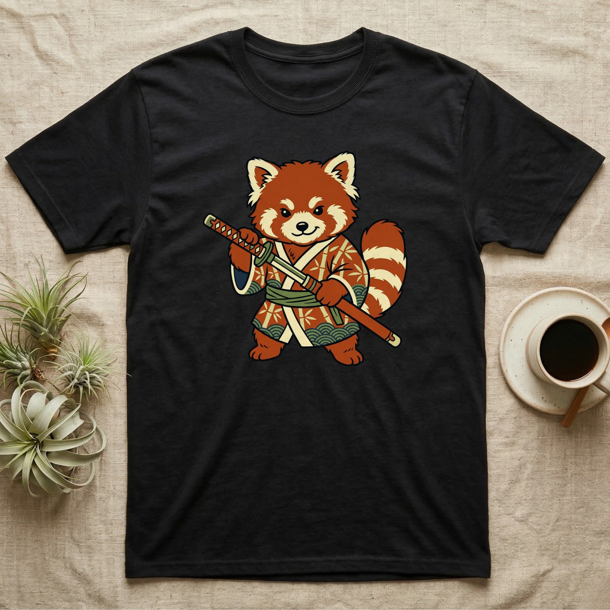 Black t-shirt with a cartoon red panda warrior holding a katana.