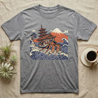 Grey t-shirt with a Japanese-style illustration of a crab, pagoda, and Mount Fuji.
