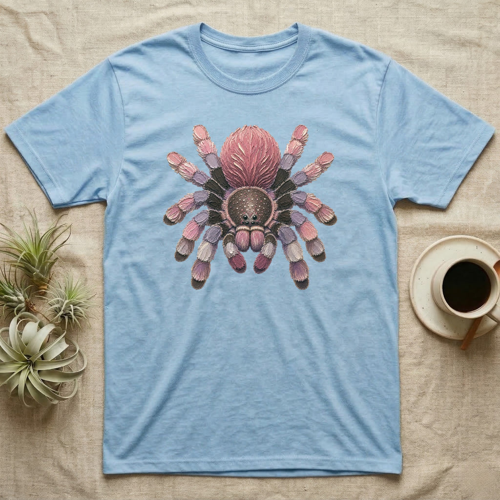 Light blue t-shirt with a vibrant pink and purple tarantula graphic.