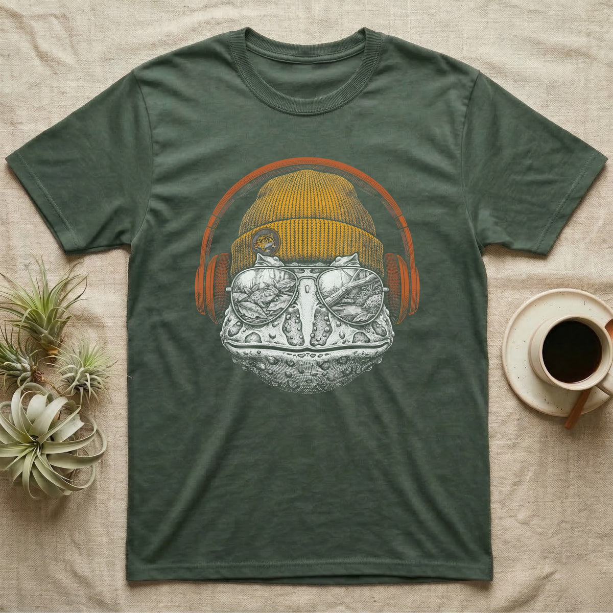Pacman Frog Chill Beats T-Shirt in Military Green — Engraved Pacman horned frog with wide bumpy skin in a beanie and headphones, aviators reflecting a woodland pond.