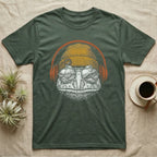 Pacman Frog Chill Beats T-Shirt in Military Green — Engraved Pacman horned frog with wide bumpy skin in a beanie and headphones, aviators reflecting a woodland pond.