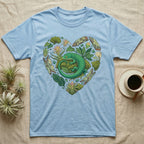 Blue t-shirt with a green lizard and plants forming a heart shape.