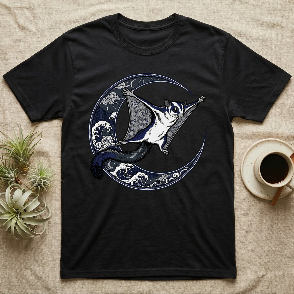Black t-shirt with a flying sugar glider against a moon and waves design.