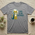Grey t-shirt with a cartoon cat in a spacesuit and the text "THIS IS AN OUTRAGE".