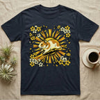 T-shirt with a cartoon hamster surrounded by sun rays and cherry blossoms.