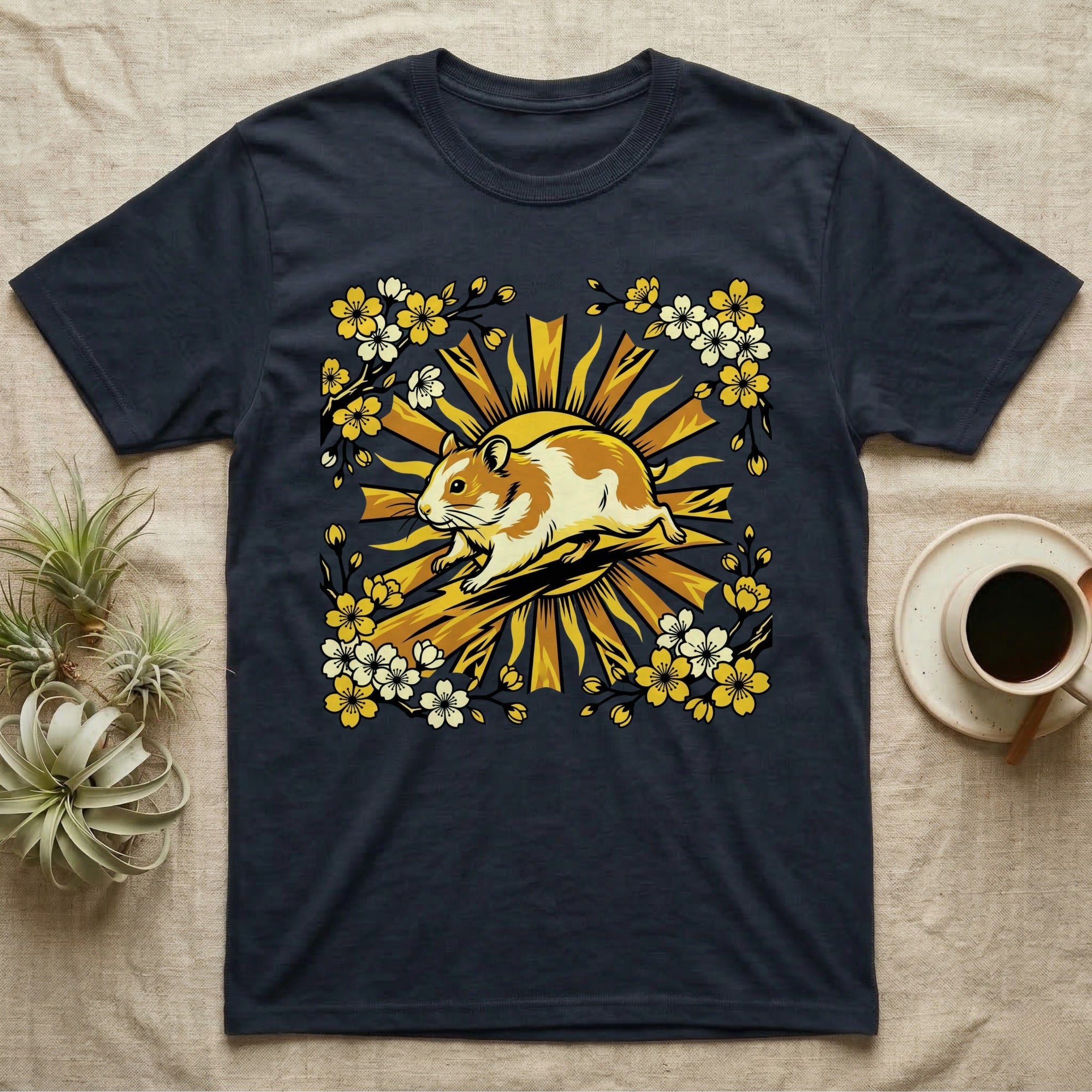 T-shirt with a cartoon hamster surrounded by sun rays and cherry blossoms.
