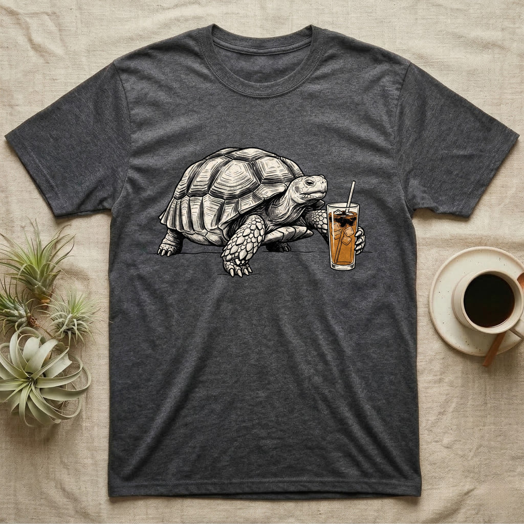 Slow Drip Tortoise T-Shirt in Dark Heather — Flat meme-style illustration of a sulcata tortoise reaching slowly toward a tall iced slow-drip coffee.
