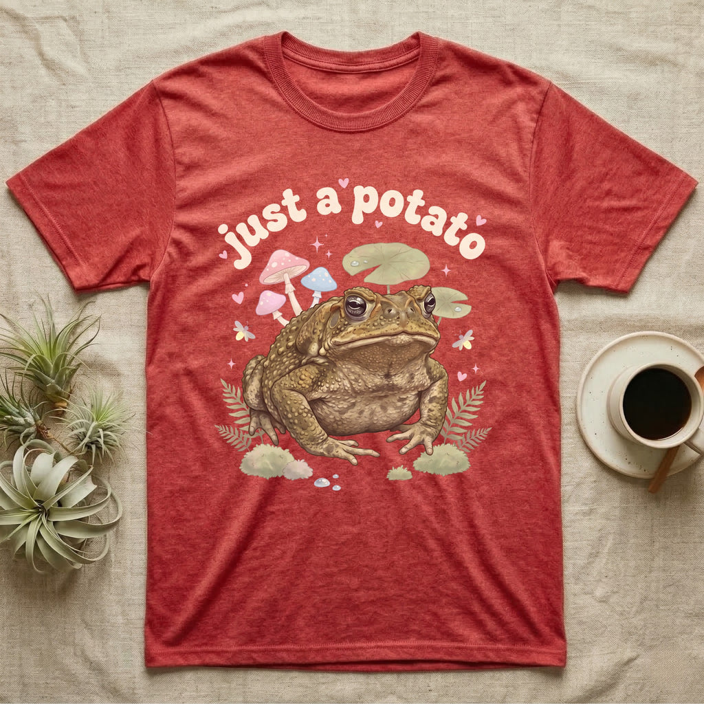 Cane Toad Baby T-Shirt in Heather Red — Warty cane toad among pastel toadstools and lily pads under puffy cream bubble text "just a potato".