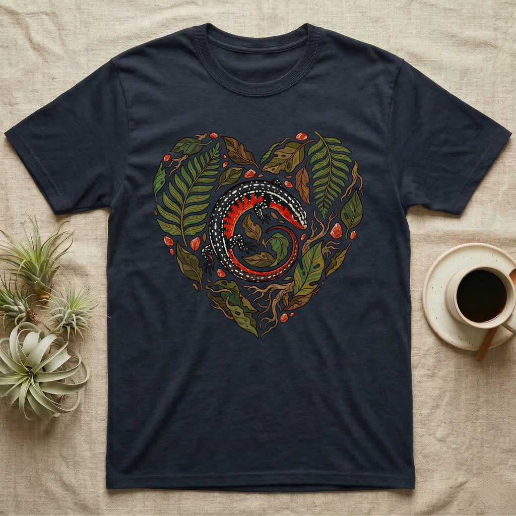 Navy t-shirt with a heart-shaped design of a lizard and foliage.
