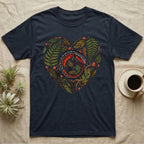 Navy t-shirt with a heart-shaped design of a lizard and foliage.
