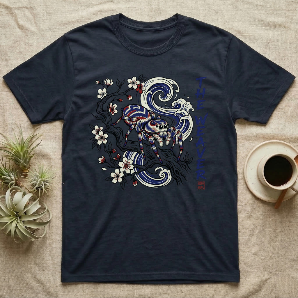 Navy t-shirt featuring a jumping spider and blue waves design.