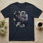 Navy t-shirt featuring a jumping spider and blue waves design.