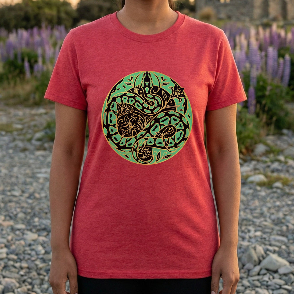 Artistic Serpent and Floral Design Graphic T-Shirt