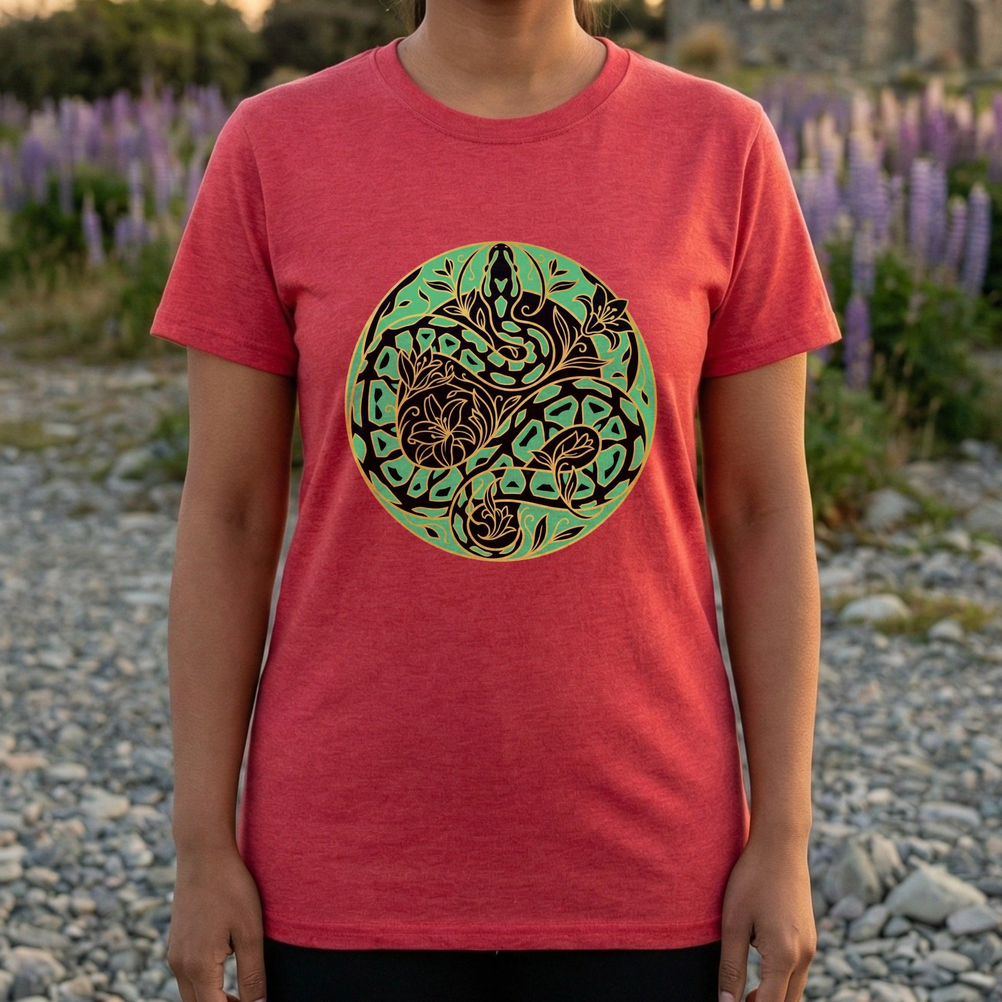 Artistic Serpent and Floral Design Graphic T-Shirt