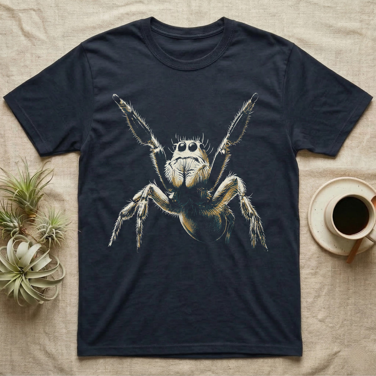 Vintage ink illustration of a regal jumping spider rearing up with both front legs raised in a threat display, halftone shading, no on-shirt text. — shown on a Navy tee.