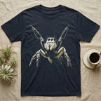 Vintage ink illustration of a regal jumping spider rearing up with both front legs raised in a threat display, halftone shading, no on-shirt text. — shown on a Navy tee.