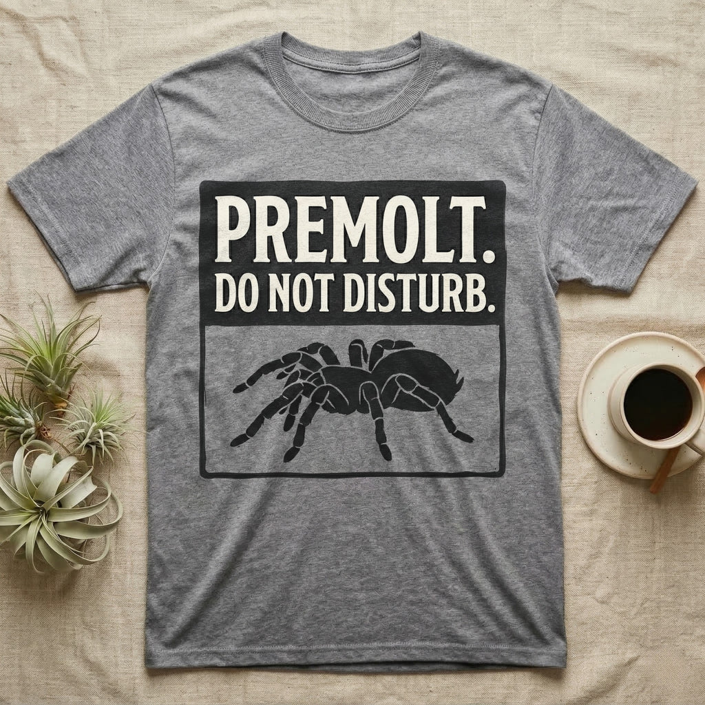 Tarantula Premolt Do Not Disturb T-Shirt in Sport Grey — Vintage-ink sign with carved-serif type "Premolt. Do Not Disturb." above a tarantula curled in the cork-hide pose.