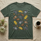 Cubaris Isopod Morphs T-Shirt in Military Green — Vector illustration of scattered Cubaris isopod morphs including Panda King, Jupiter, Cappuccino and Zebra on grey.