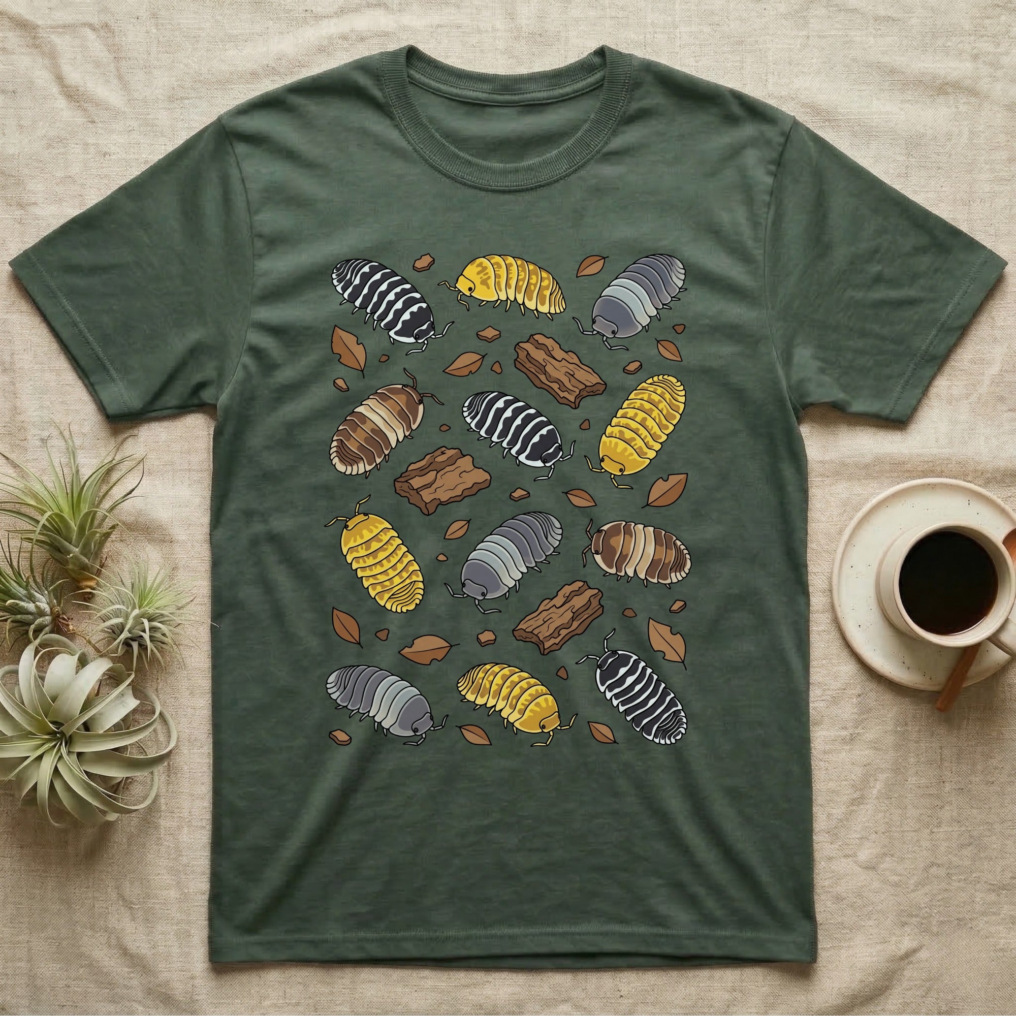 Cubaris Isopod Morphs T-Shirt in Military Green — Vector illustration of scattered Cubaris isopod morphs including Panda King, Jupiter, Cappuccino and Zebra on grey.