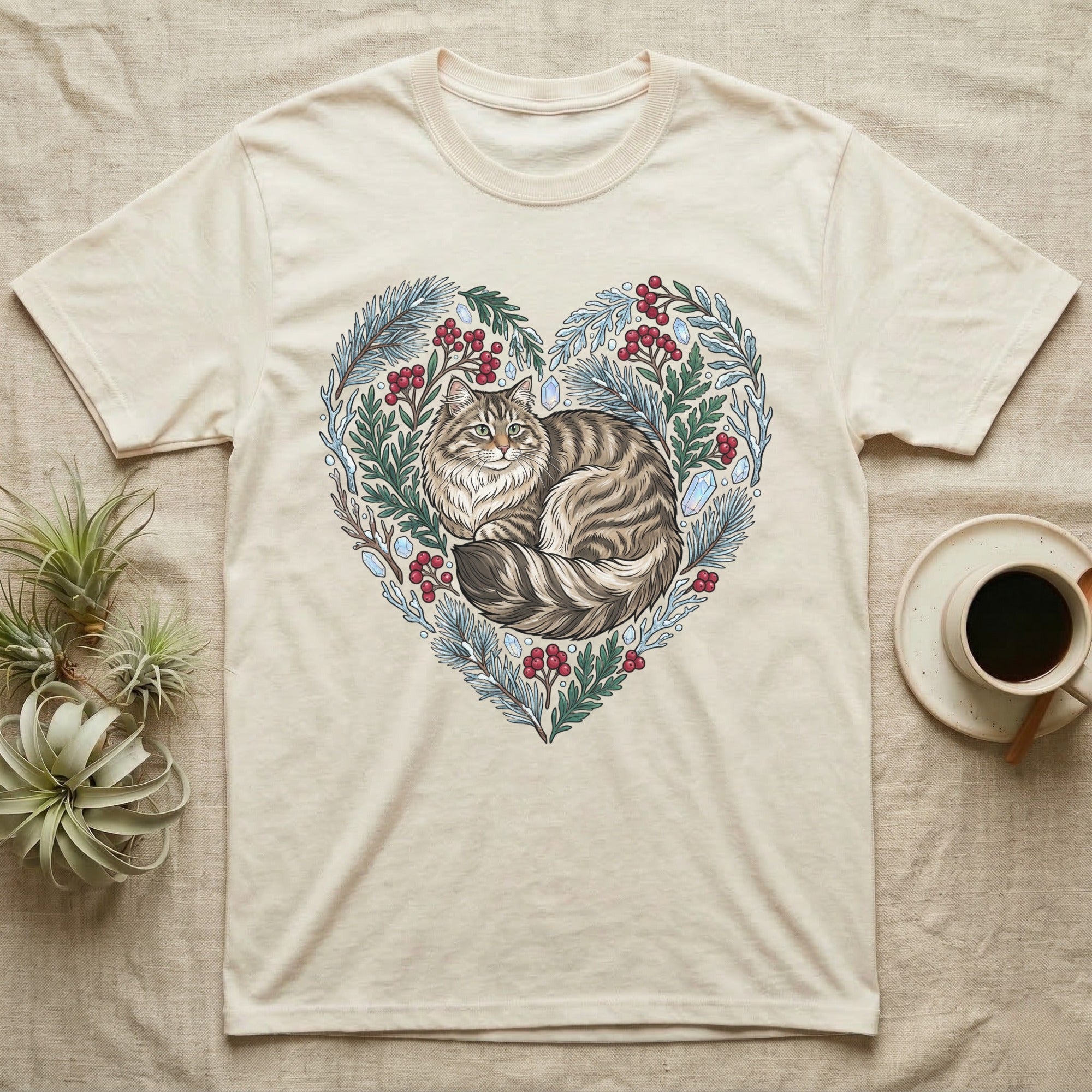 Cream t-shirt with a heart-shaped floral design featuring a tabby cat.