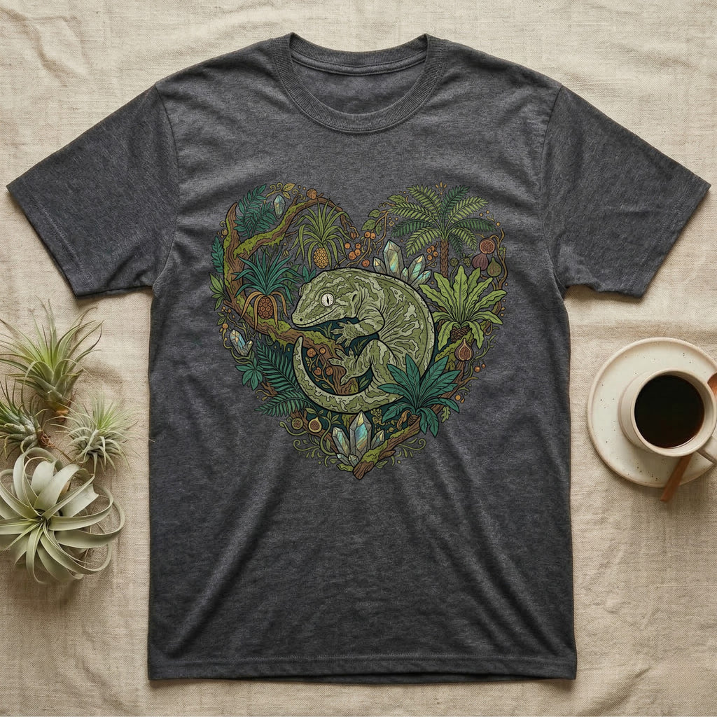 Dark gray t-shirt with a heart-shaped jungle design featuring a gecko.