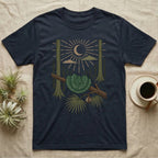 Green Tree Python Home Range T-Shirt in Navy — Woodcut-style illustration of a green tree python coiled in a saddle over a branch with palms and tall trunks behind, no on-shirt text.