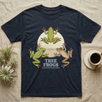 Three Tree Frog Moon T-Shirt in Navy — Retro-illustration of three tree frogs in splayed glass-cling poses around a stratified halftone full moon.