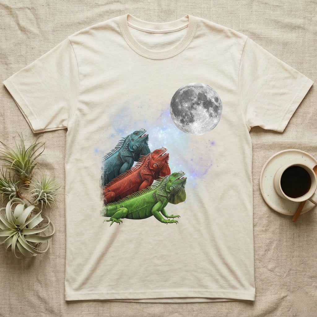 Green Iguana Moon Howl T-Shirt in Natural — Three Green Iguana colour morphs howling at a full moon over a nebula on a dark grey t-shirt.