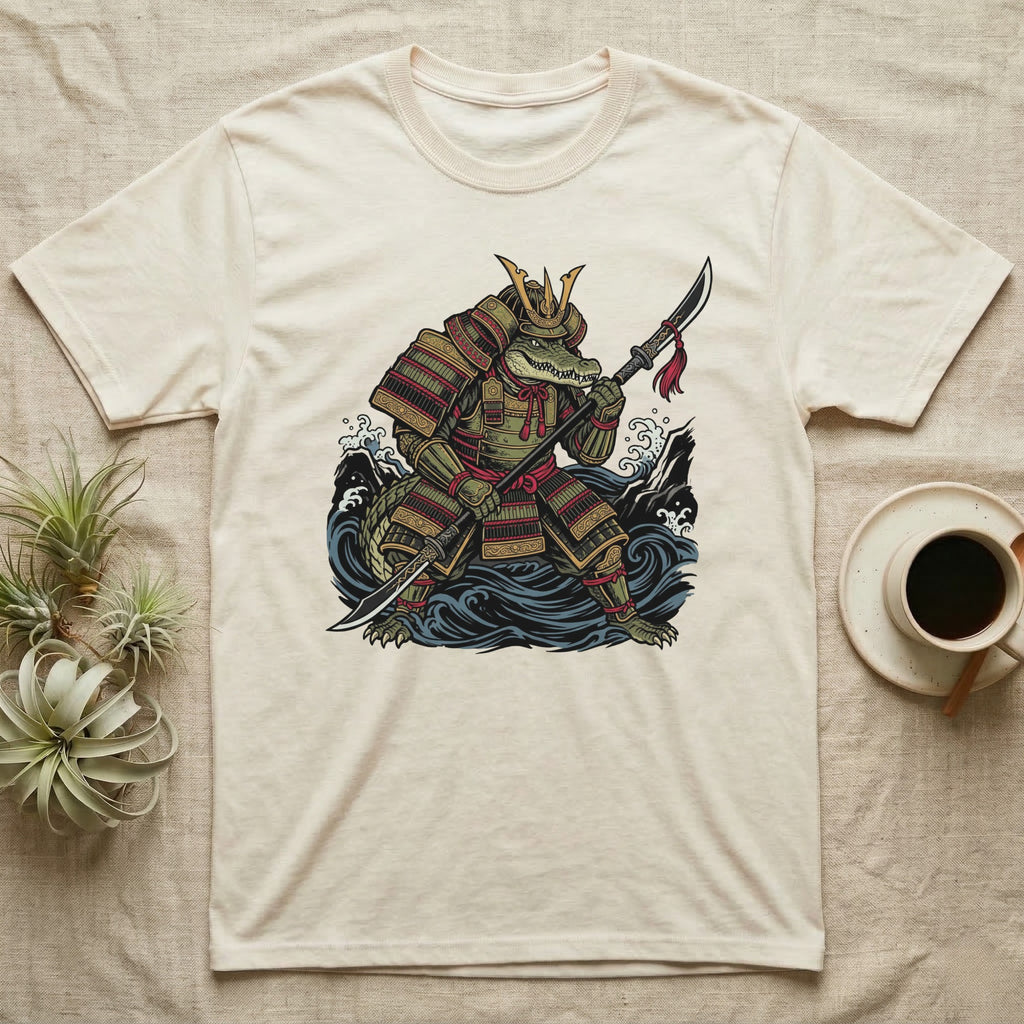 Samurai alligator in armor with sword, standing in waves on a t-shirt.
