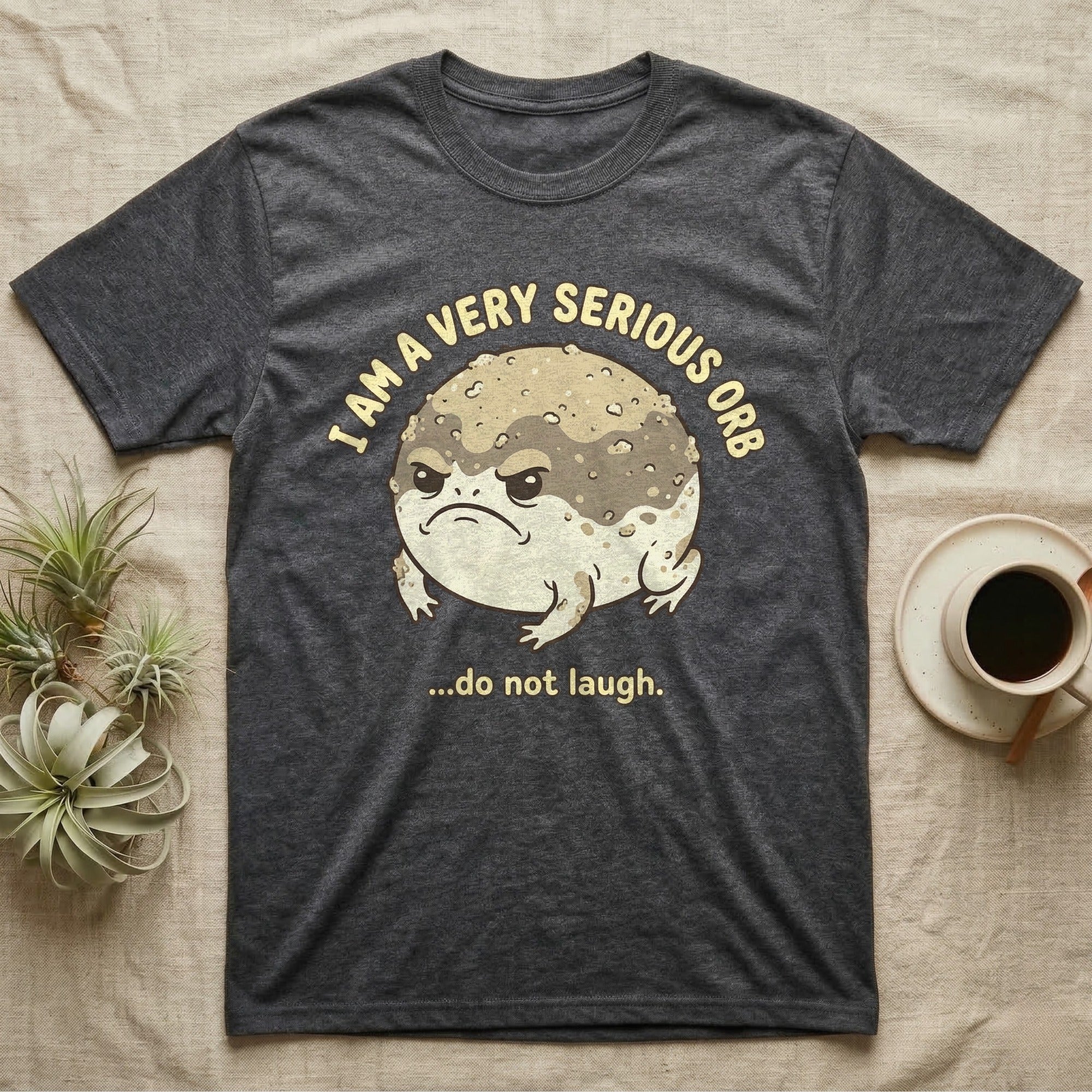 Dark grey t-shirt with a grumpy toad and text: I AM A VERY SERIOUS ORB ...do not laugh.