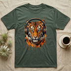 Green t-shirt with a watercolor tiger wearing orange headphones.