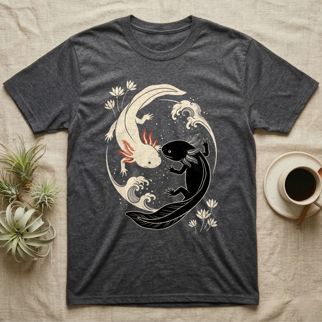 Axolotl Yin-Yang T-Shirt in Dark Heather — Japanese woodblock style print of a cream axolotl with red gills and a black axolotl curled nose to nose into a circle with waves and water lilies