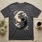 Axolotl Yin-Yang T-Shirt in Dark Heather — Japanese woodblock style print of a cream axolotl with red gills and a black axolotl curled nose to nose into a circle with waves and water lilies