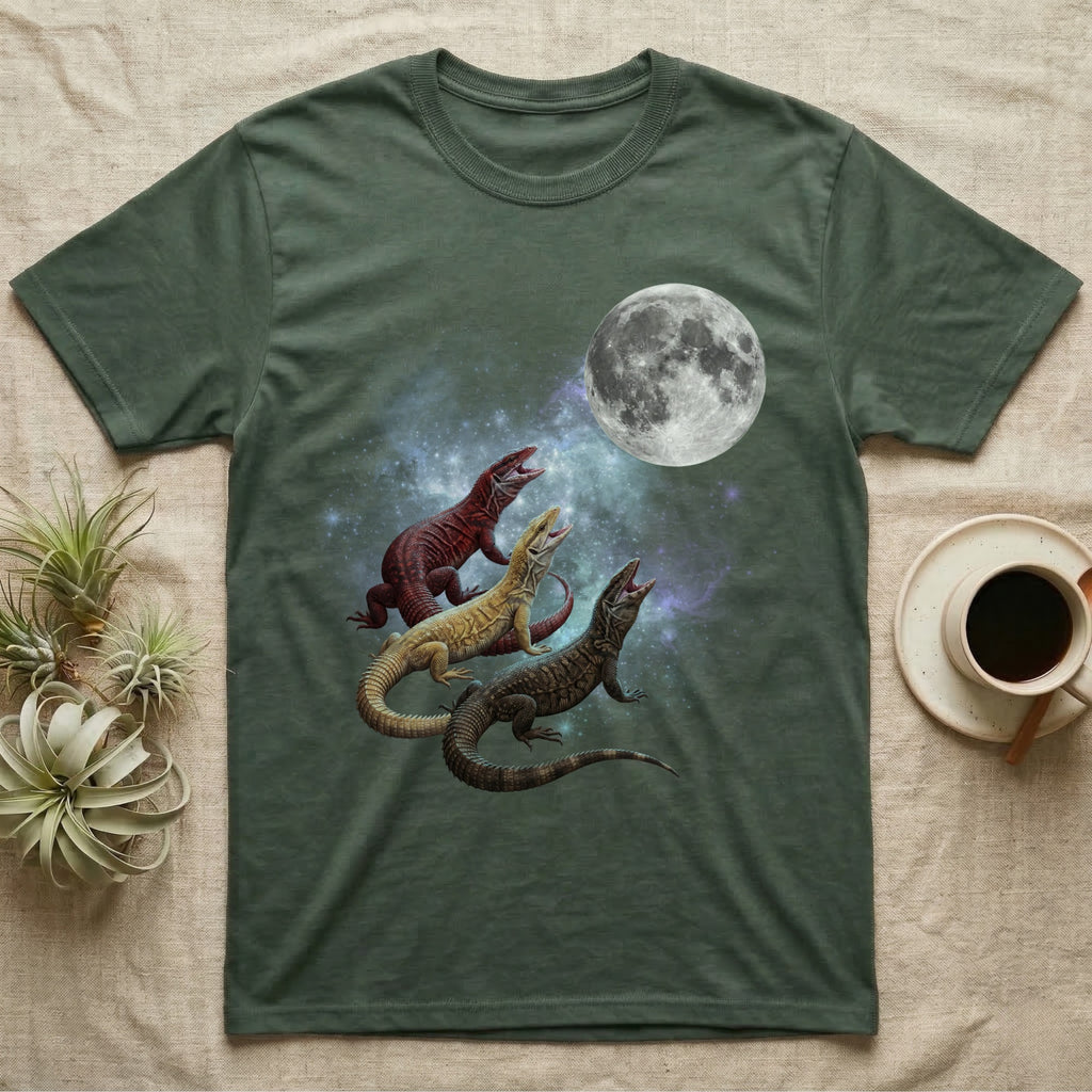 Ackie Monitor Moon Howl T-Shirt in Military Green — Three Ackie Monitor colour morphs howling at a full moon over a nebula on a dark grey t-shirt.