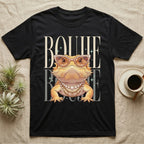 Bearded dragon wearing sunglasses and pearl necklace on black t-shirt.