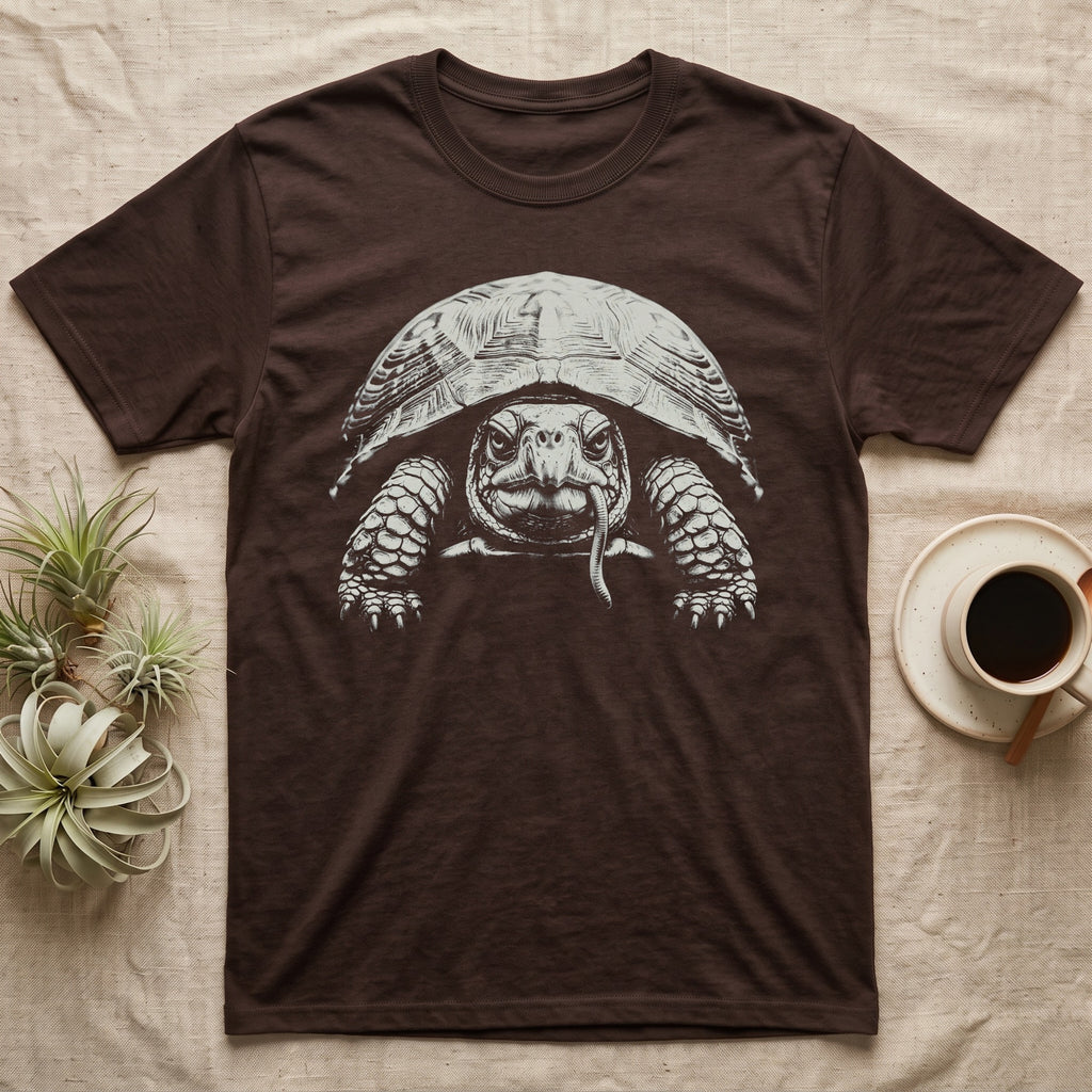 Box Turtle Tough Guy T-Shirt in Dark Chocolate — Black-and-white photo print of an eastern box turtle staring straight ahead with an earthworm hanging from its beak like a cigarette