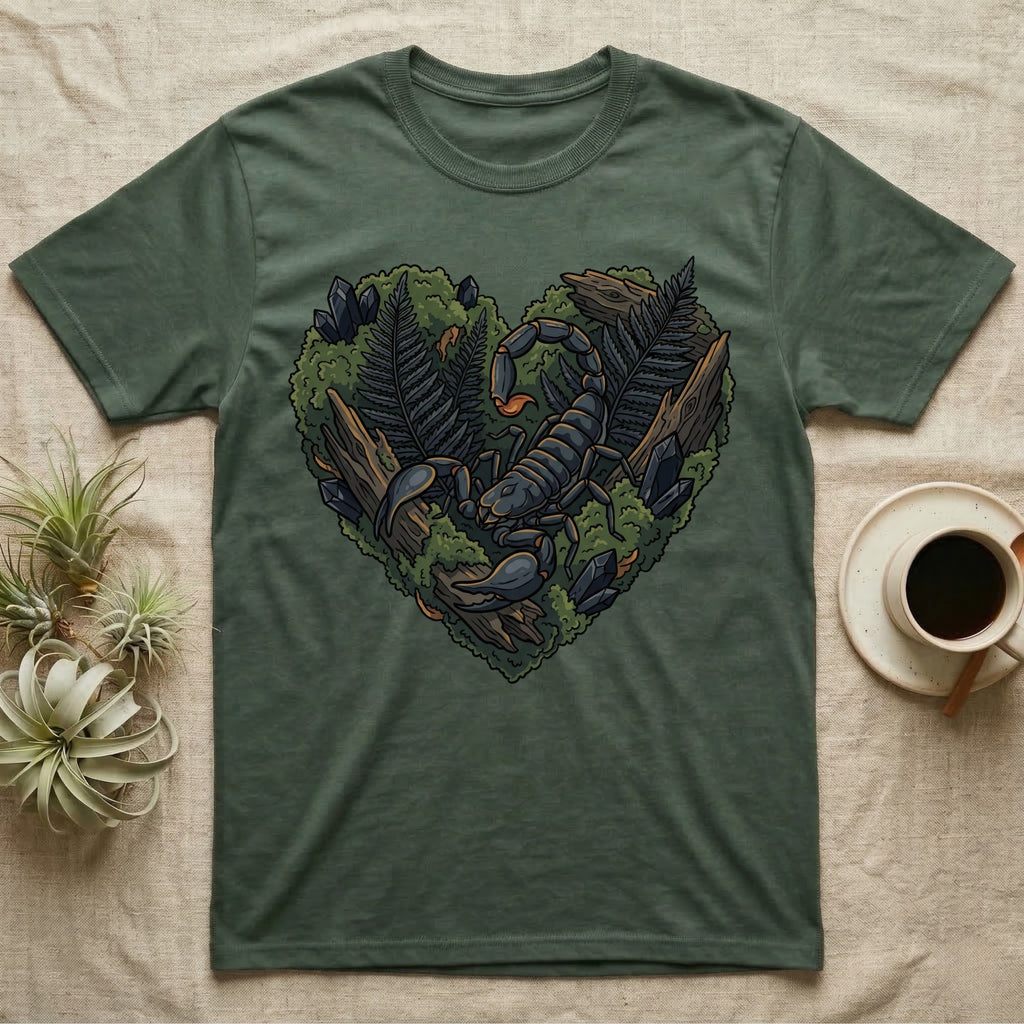 Scorpion and foliage heart illustration on a green t-shirt.