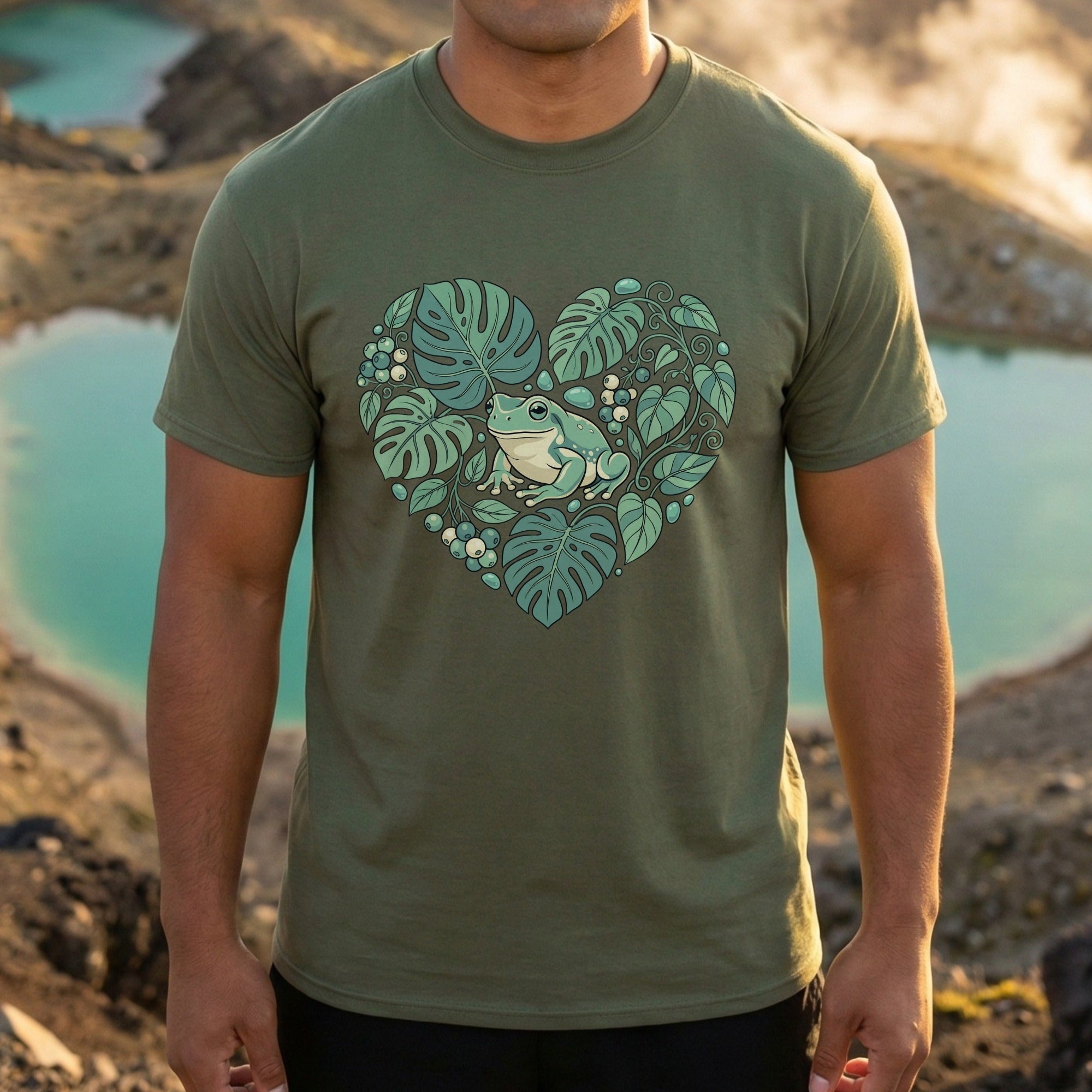 Heart Shaped Tropical Frog Graphic Green T-Shirt