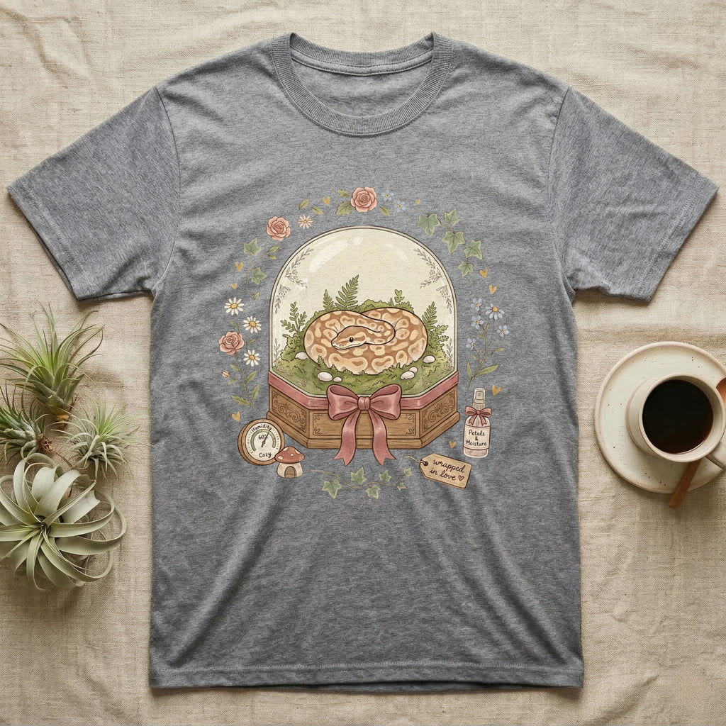 Grey t-shirt with a snake inside a glass dome, surrounded by flowers and the text "wrapped in love".